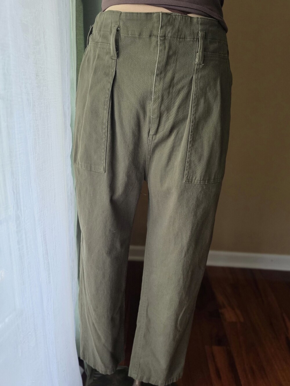 Lulus Olive Green Utility Cropped Tapered Pants Medium High Rise Stretch Twill